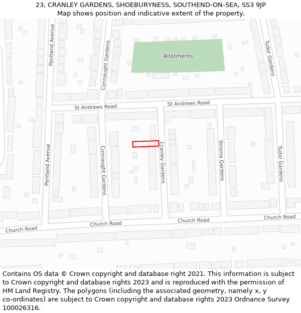 23, CRANLEY GARDENS, SHOEBURYNESS, SOUTHEND-ON-SEA, SS3 9JP: Location map and indicative extent of plot