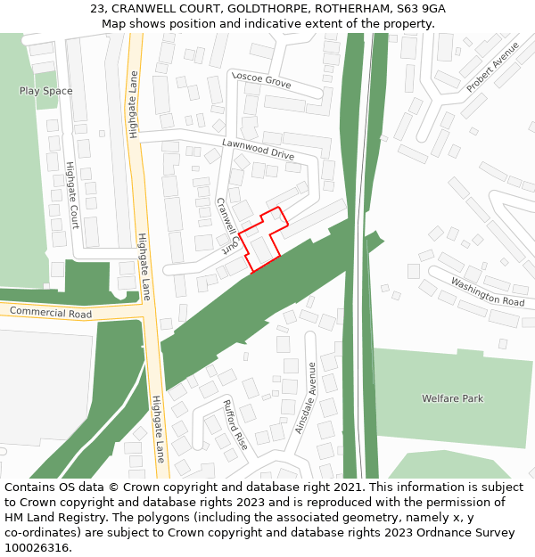 23, CRANWELL COURT, GOLDTHORPE, ROTHERHAM, S63 9GA: Location map and indicative extent of plot