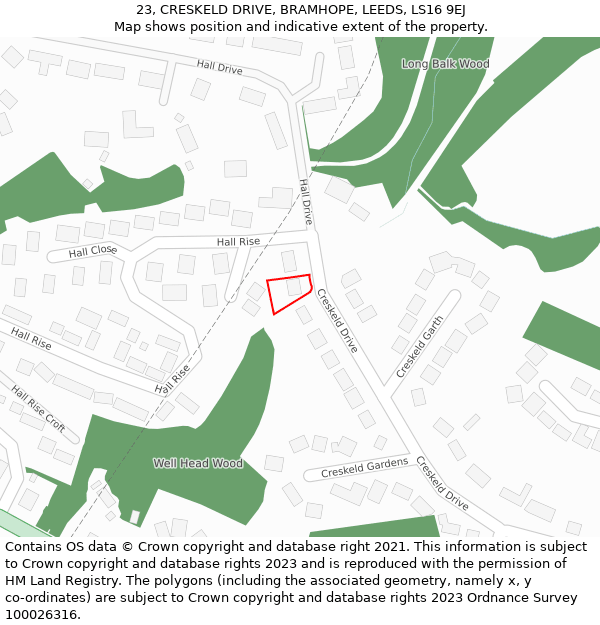 23, CRESKELD DRIVE, BRAMHOPE, LEEDS, LS16 9EJ: Location map and indicative extent of plot
