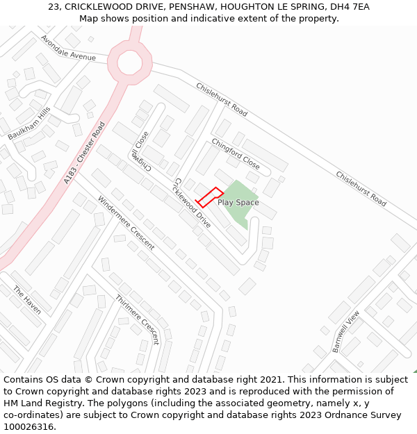 23, CRICKLEWOOD DRIVE, PENSHAW, HOUGHTON LE SPRING, DH4 7EA: Location map and indicative extent of plot