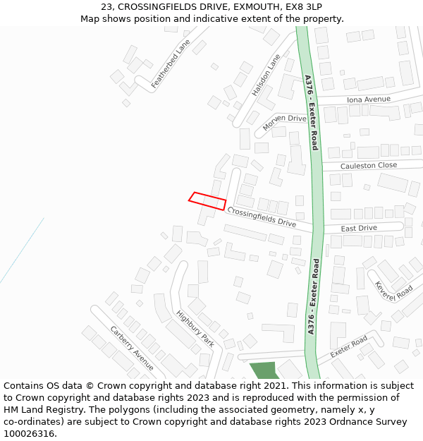 23, CROSSINGFIELDS DRIVE, EXMOUTH, EX8 3LP: Location map and indicative extent of plot