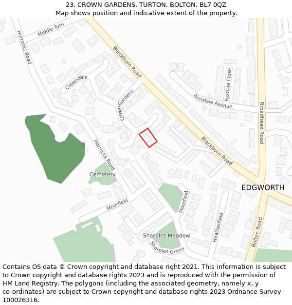 23, CROWN GARDENS, TURTON, BOLTON, BL7 0QZ: Location map and indicative extent of plot