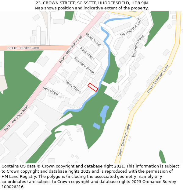 23, CROWN STREET, SCISSETT, HUDDERSFIELD, HD8 9JN: Location map and indicative extent of plot