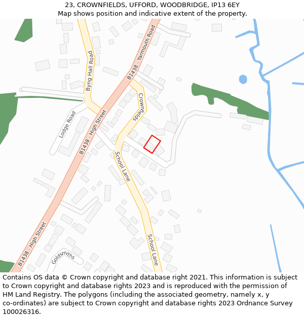 23, CROWNFIELDS, UFFORD, WOODBRIDGE, IP13 6EY: Location map and indicative extent of plot