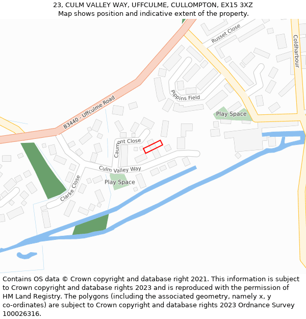 23, CULM VALLEY WAY, UFFCULME, CULLOMPTON, EX15 3XZ: Location map and indicative extent of plot