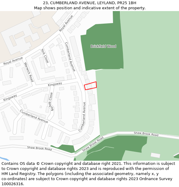 23, CUMBERLAND AVENUE, LEYLAND, PR25 1BH: Location map and indicative extent of plot