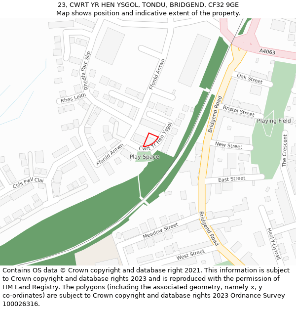 23, CWRT YR HEN YSGOL, TONDU, BRIDGEND, CF32 9GE: Location map and indicative extent of plot