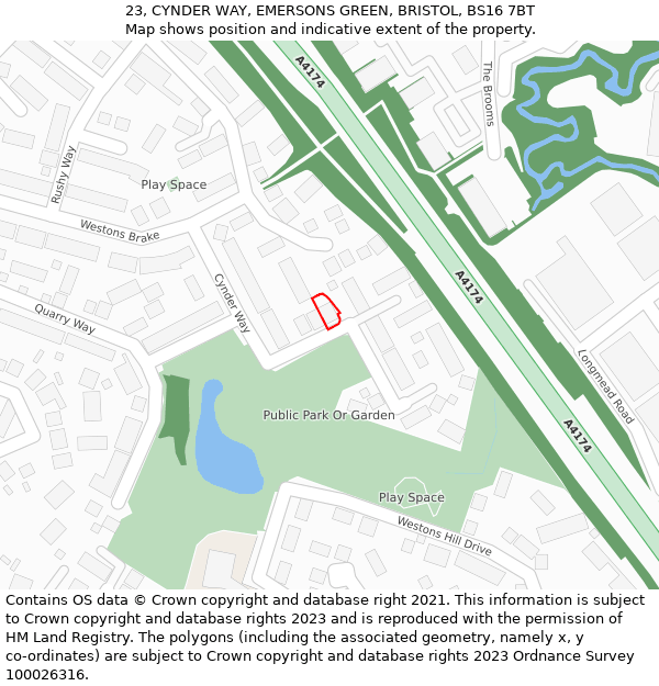 23, CYNDER WAY, EMERSONS GREEN, BRISTOL, BS16 7BT: Location map and indicative extent of plot