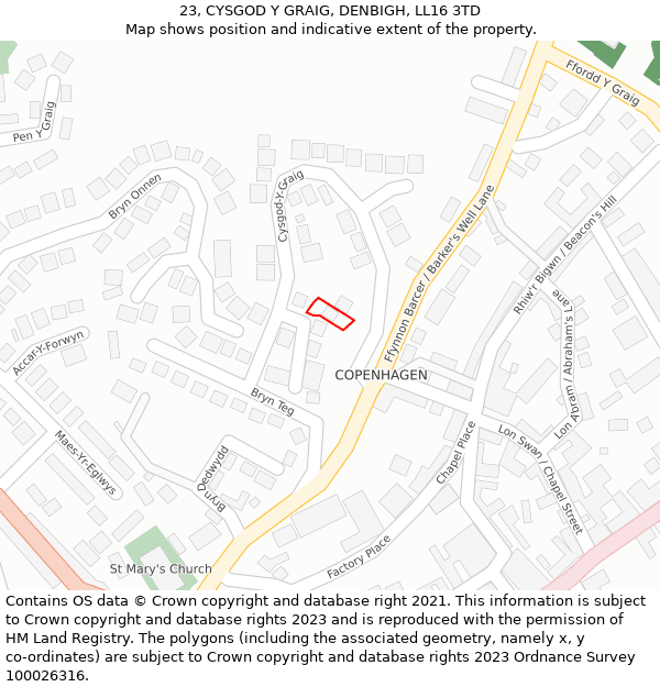 23, CYSGOD Y GRAIG, DENBIGH, LL16 3TD: Location map and indicative extent of plot