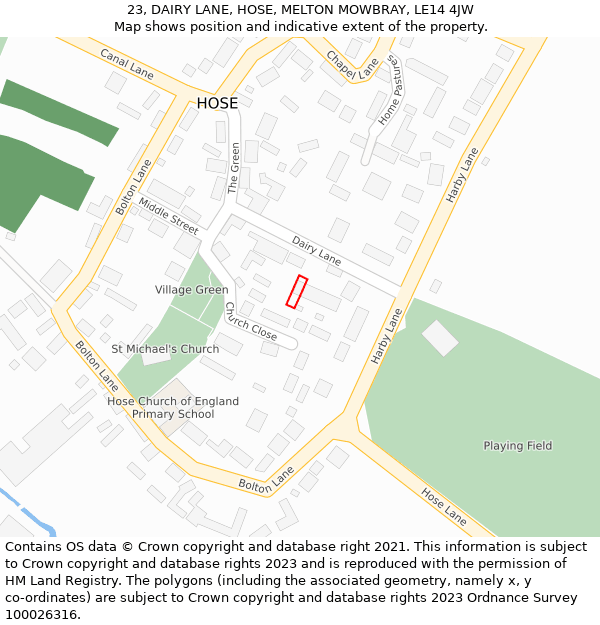 23, DAIRY LANE, HOSE, MELTON MOWBRAY, LE14 4JW: Location map and indicative extent of plot