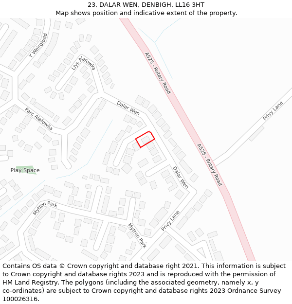 23, DALAR WEN, DENBIGH, LL16 3HT: Location map and indicative extent of plot