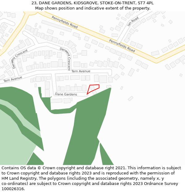 23, DANE GARDENS, KIDSGROVE, STOKE-ON-TRENT, ST7 4PL: Location map and indicative extent of plot