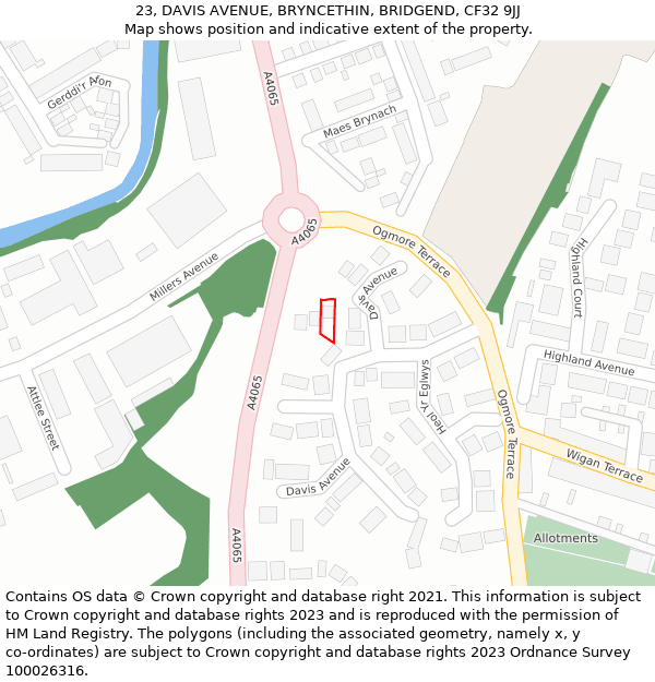 23, DAVIS AVENUE, BRYNCETHIN, BRIDGEND, CF32 9JJ: Location map and indicative extent of plot