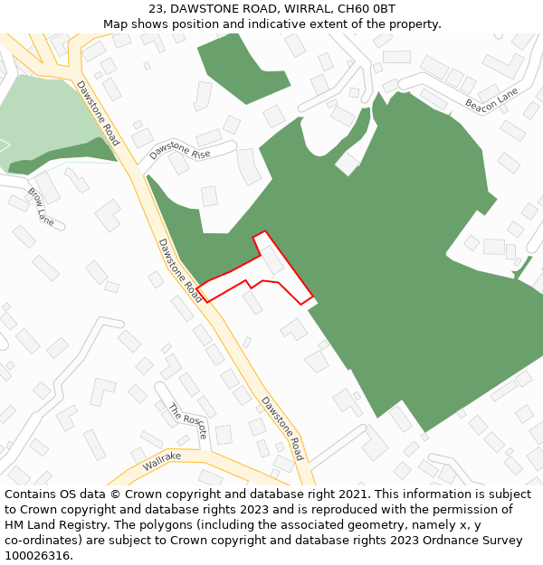 23, DAWSTONE ROAD, WIRRAL, CH60 0BT: Location map and indicative extent of plot