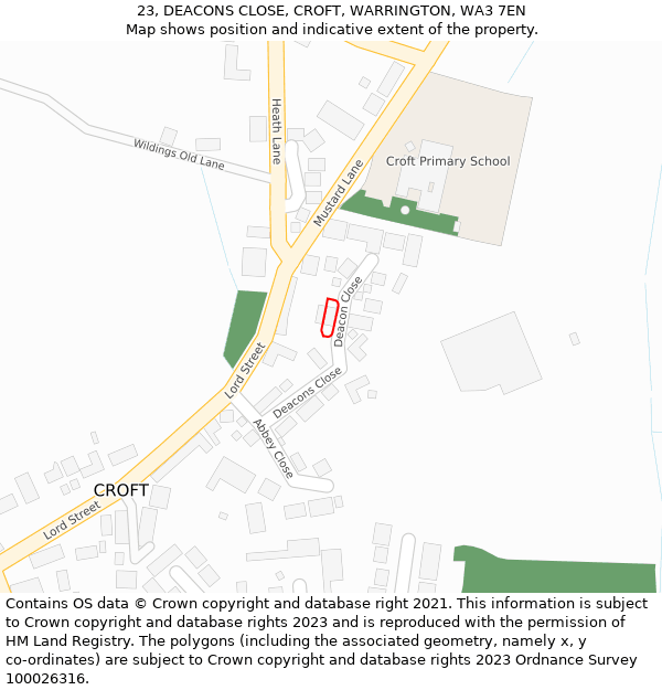 23, DEACONS CLOSE, CROFT, WARRINGTON, WA3 7EN: Location map and indicative extent of plot