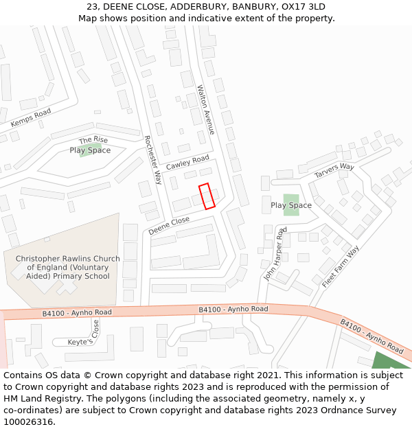 23, DEENE CLOSE, ADDERBURY, BANBURY, OX17 3LD: Location map and indicative extent of plot