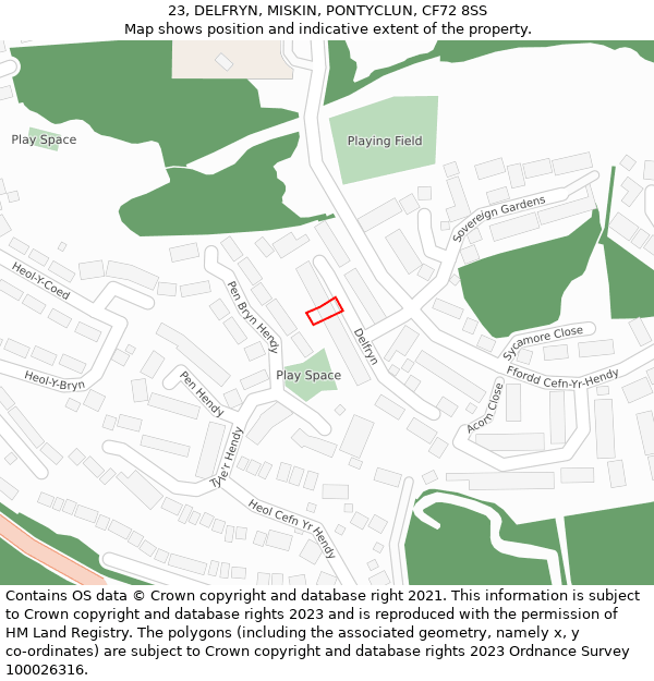 23, DELFRYN, MISKIN, PONTYCLUN, CF72 8SS: Location map and indicative extent of plot