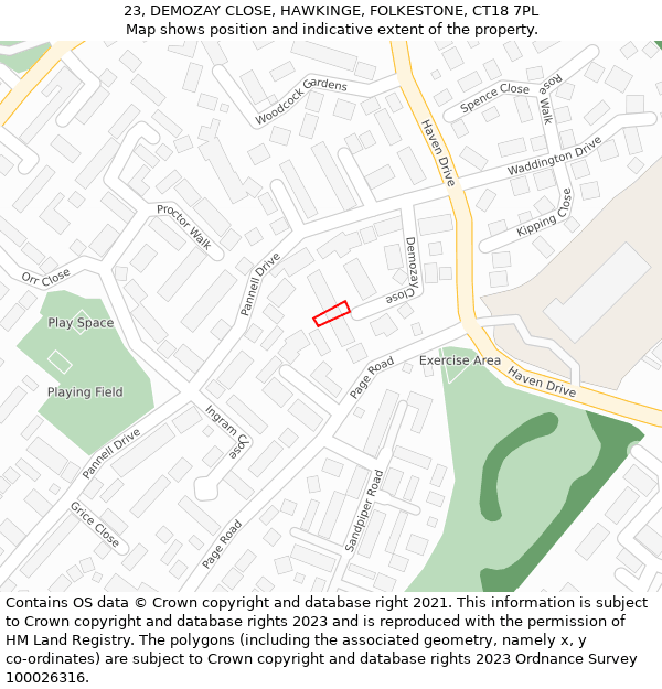 23, DEMOZAY CLOSE, HAWKINGE, FOLKESTONE, CT18 7PL: Location map and indicative extent of plot