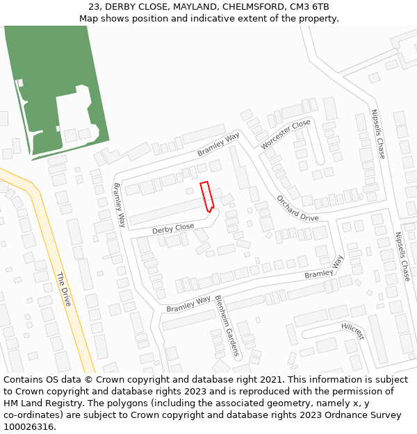 23, DERBY CLOSE, MAYLAND, CHELMSFORD, CM3 6TB: Location map and indicative extent of plot