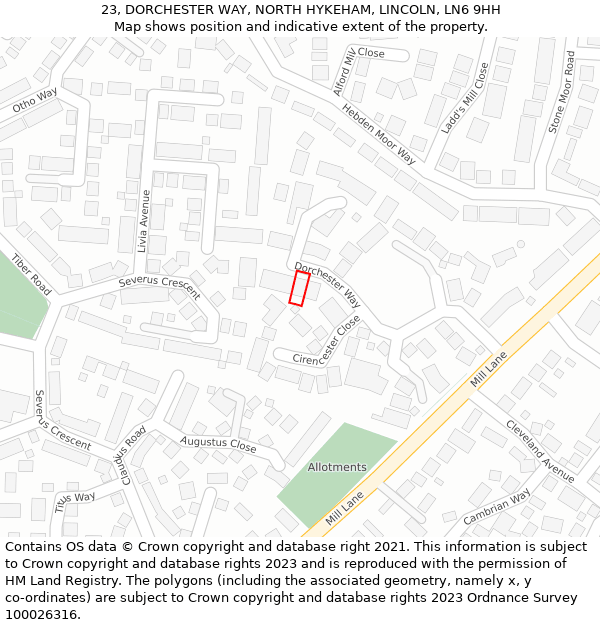 23, DORCHESTER WAY, NORTH HYKEHAM, LINCOLN, LN6 9HH: Location map and indicative extent of plot