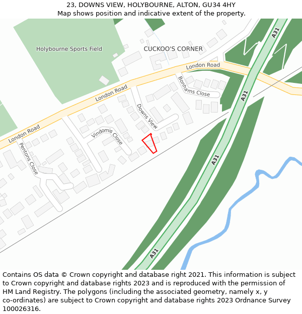 23, DOWNS VIEW, HOLYBOURNE, ALTON, GU34 4HY: Location map and indicative extent of plot