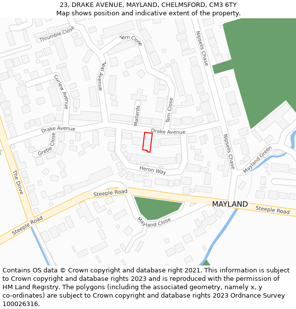 23, DRAKE AVENUE, MAYLAND, CHELMSFORD, CM3 6TY: Location map and indicative extent of plot