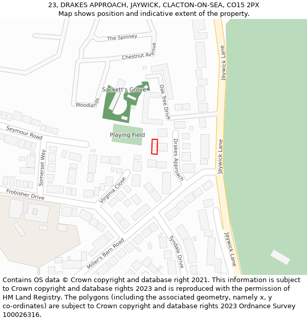 23, DRAKES APPROACH, JAYWICK, CLACTON-ON-SEA, CO15 2PX: Location map and indicative extent of plot