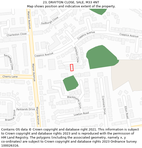 23, DRAYTON CLOSE, SALE, M33 4NT: Location map and indicative extent of plot