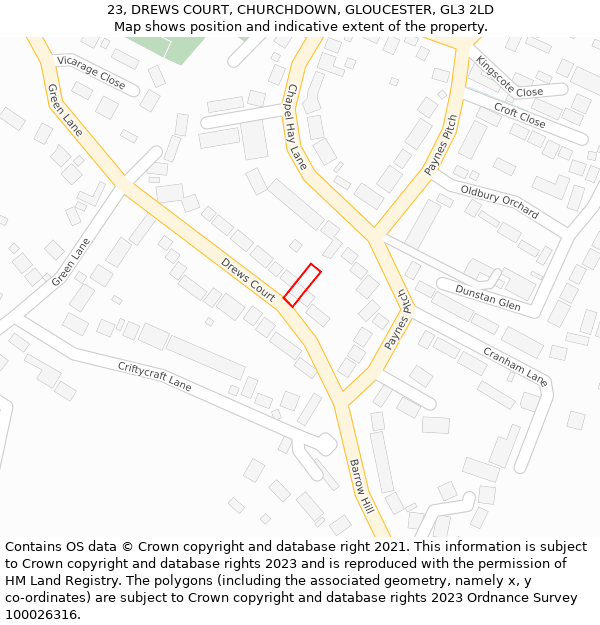 23, DREWS COURT, CHURCHDOWN, GLOUCESTER, GL3 2LD: Location map and indicative extent of plot