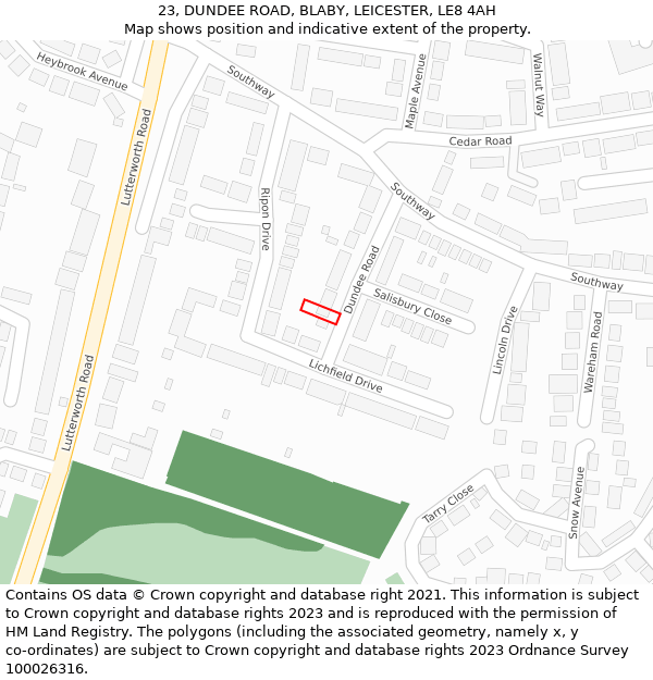 23, DUNDEE ROAD, BLABY, LEICESTER, LE8 4AH: Location map and indicative extent of plot