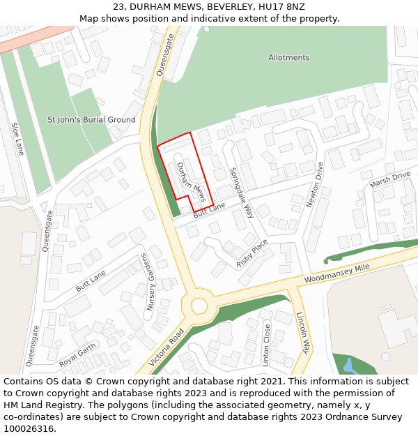 23, DURHAM MEWS, BEVERLEY, HU17 8NZ: Location map and indicative extent of plot