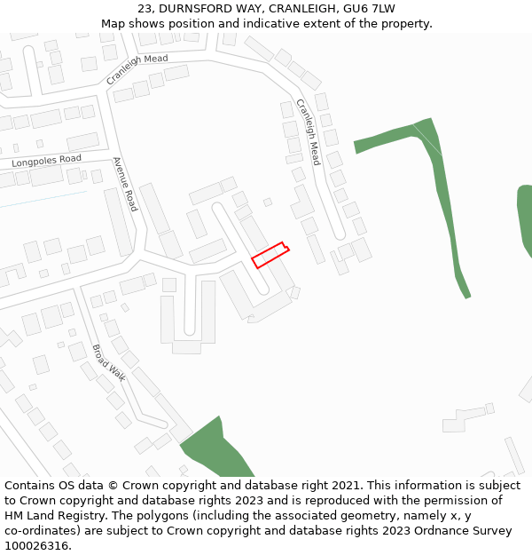 23, DURNSFORD WAY, CRANLEIGH, GU6 7LW: Location map and indicative extent of plot