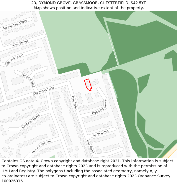 23, DYMOND GROVE, GRASSMOOR, CHESTERFIELD, S42 5YE: Location map and indicative extent of plot