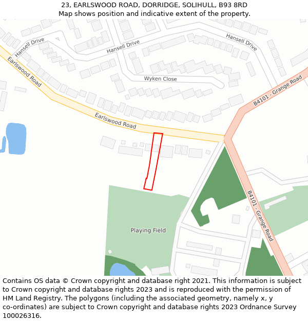 23, EARLSWOOD ROAD, DORRIDGE, SOLIHULL, B93 8RD: Location map and indicative extent of plot