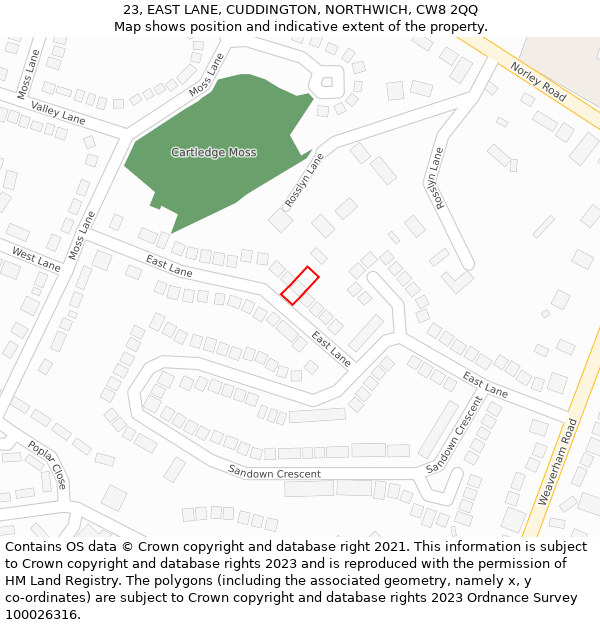 23, EAST LANE, CUDDINGTON, NORTHWICH, CW8 2QQ: Location map and indicative extent of plot