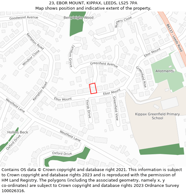 23, EBOR MOUNT, KIPPAX, LEEDS, LS25 7PA: Location map and indicative extent of plot