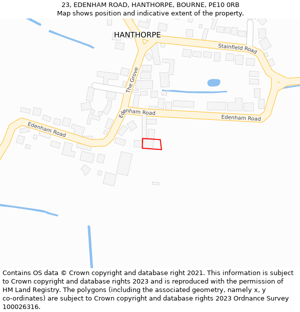 23, EDENHAM ROAD, HANTHORPE, BOURNE, PE10 0RB: Location map and indicative extent of plot