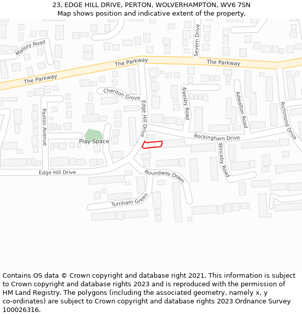 23, EDGE HILL DRIVE, PERTON, WOLVERHAMPTON, WV6 7SN: Location map and indicative extent of plot