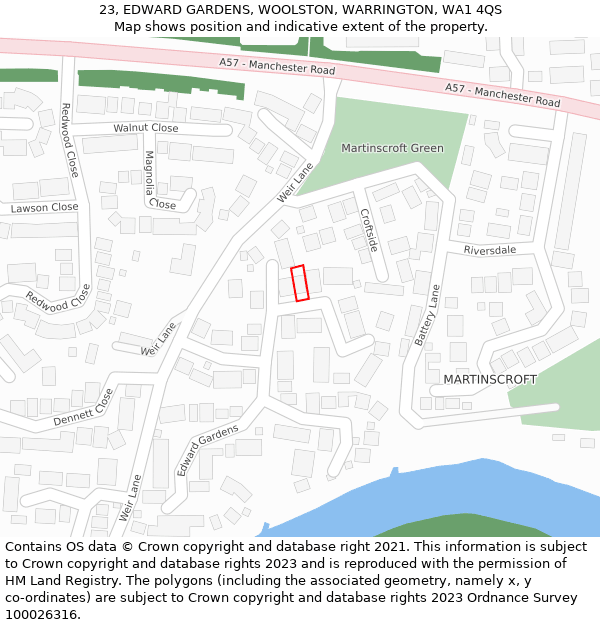 23, EDWARD GARDENS, WOOLSTON, WARRINGTON, WA1 4QS: Location map and indicative extent of plot