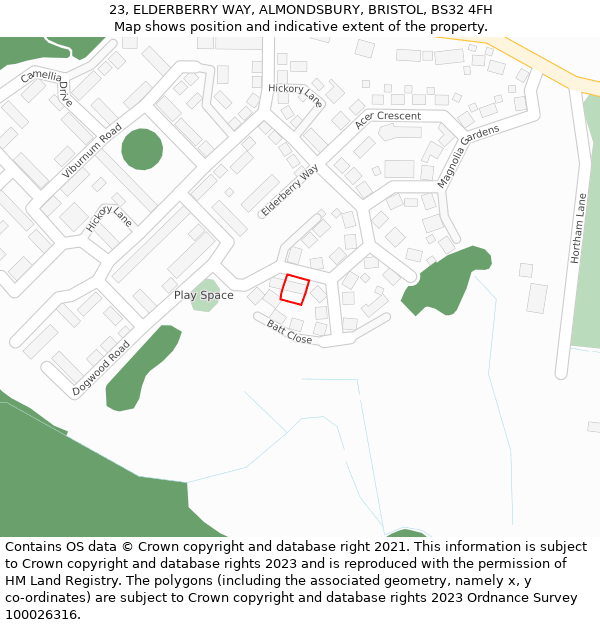 23, ELDERBERRY WAY, ALMONDSBURY, BRISTOL, BS32 4FH: Location map and indicative extent of plot