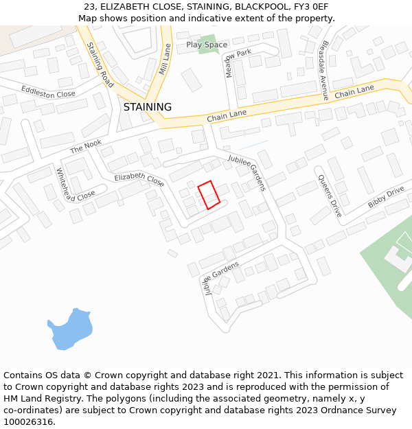 23, ELIZABETH CLOSE, STAINING, BLACKPOOL, FY3 0EF: Location map and indicative extent of plot