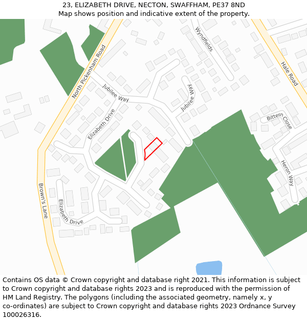 23, ELIZABETH DRIVE, NECTON, SWAFFHAM, PE37 8ND: Location map and indicative extent of plot