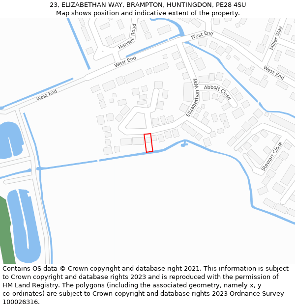 23, ELIZABETHAN WAY, BRAMPTON, HUNTINGDON, PE28 4SU: Location map and indicative extent of plot