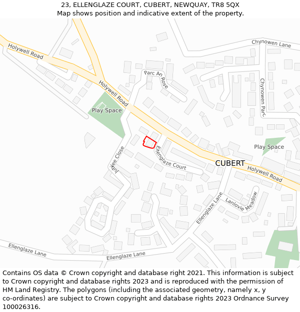 23, ELLENGLAZE COURT, CUBERT, NEWQUAY, TR8 5QX: Location map and indicative extent of plot