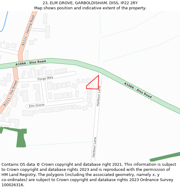 23, ELM GROVE, GARBOLDISHAM, DISS, IP22 2RY: Location map and indicative extent of plot