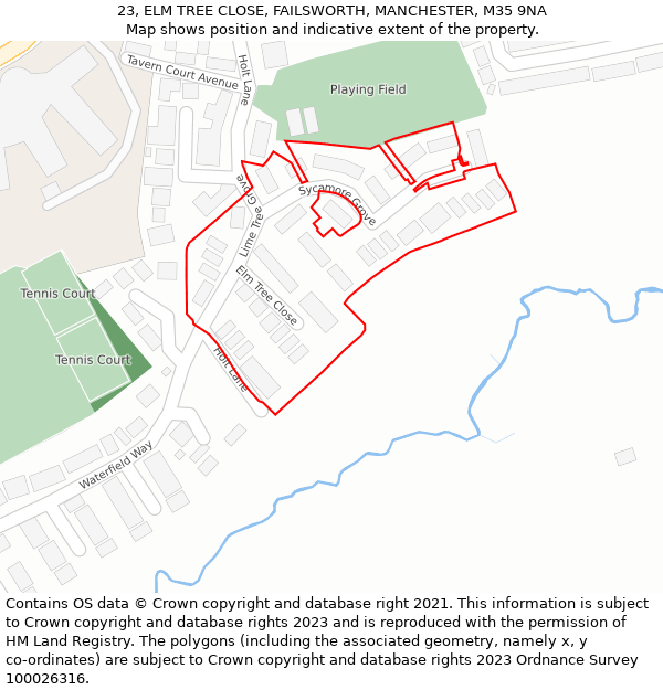 23, ELM TREE CLOSE, FAILSWORTH, MANCHESTER, M35 9NA: Location map and indicative extent of plot