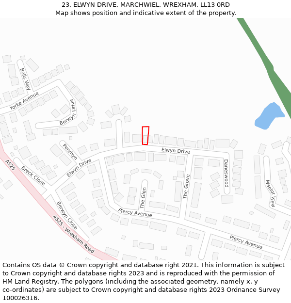 23, ELWYN DRIVE, MARCHWIEL, WREXHAM, LL13 0RD: Location map and indicative extent of plot