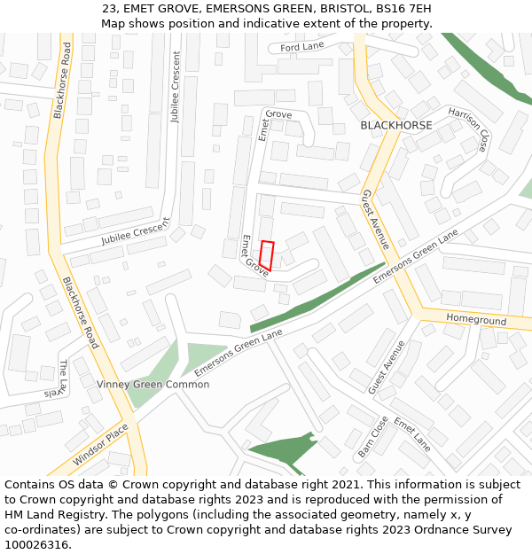 23, EMET GROVE, EMERSONS GREEN, BRISTOL, BS16 7EH: Location map and indicative extent of plot