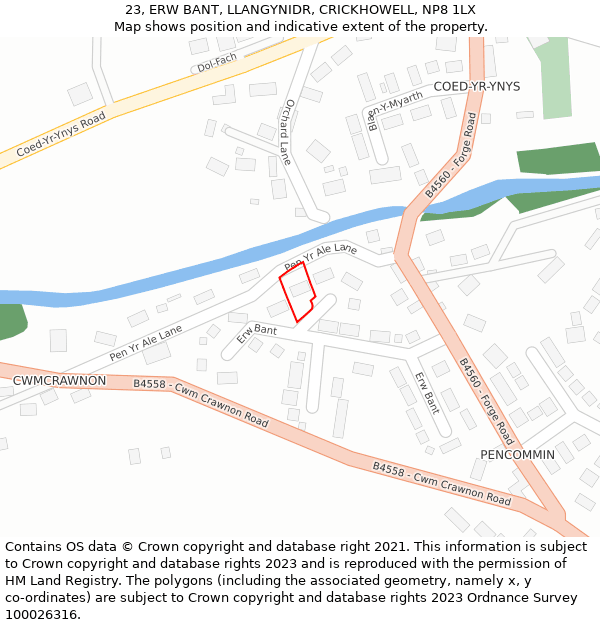23, ERW BANT, LLANGYNIDR, CRICKHOWELL, NP8 1LX: Location map and indicative extent of plot