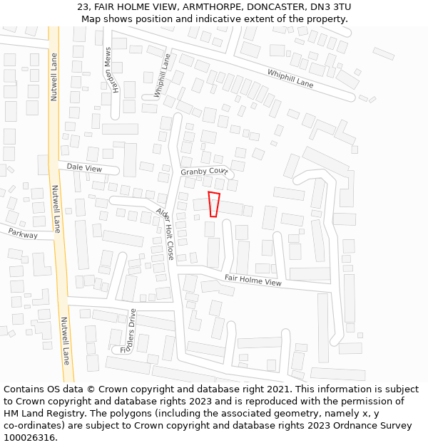 23, FAIR HOLME VIEW, ARMTHORPE, DONCASTER, DN3 3TU: Location map and indicative extent of plot